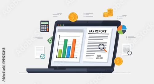 Laptop displays tax report on a busy day with financial graphics.