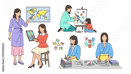 Creative Pursuits: A collection of illustrations showcasing various artistic and educational activities. A woman interacts with map, painting, tablet, and paper crafting.