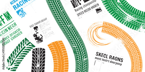 Green orange black tire tracks and racing championship text tread pattern imprint