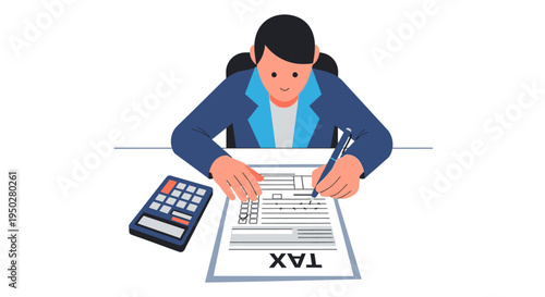 Woman fills tax form on a busy day with calculator and documents