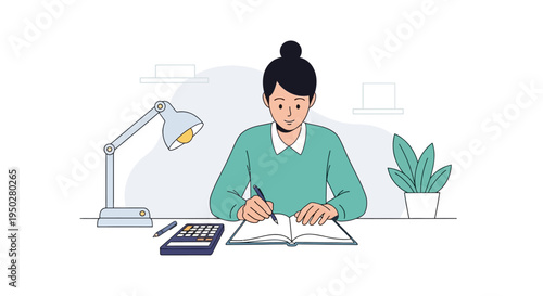 Woman calculates tax on a busy day at her desk with papers and lamp