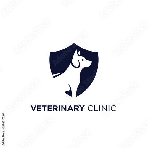 Veterinary clinic logo design featuring dog profile silhouette inside shield symbol icon
