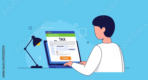 A person reviews tax documents on a laptop on a busy day indoors.