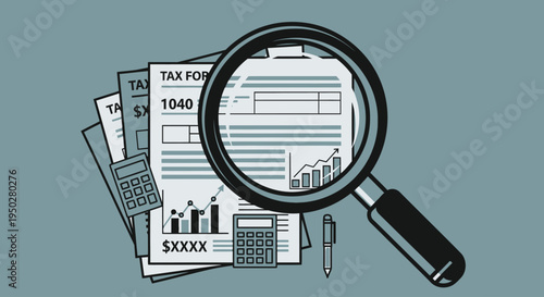 Tax Day analysis with magnifying glass on financial documents and calculator