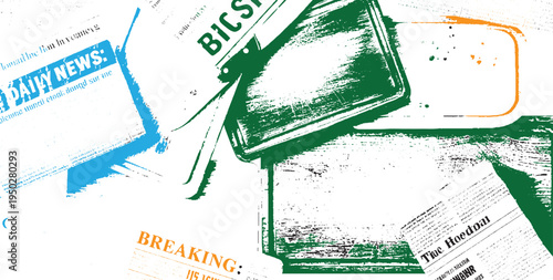 Abstract collage of distressed newspaper clippings with bold color splashes and textured brush strokes