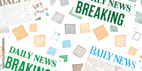 Scattered hand drawn newspaper headlines and grids in green orange blue and grey on white breaking daily