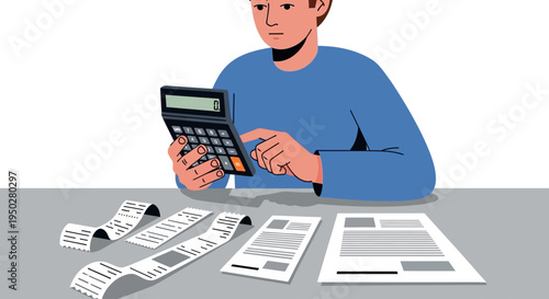 Man calculates tax on a busy day at the office desk with papers