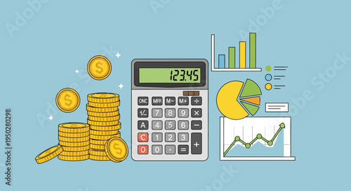 Financial Tax Day Report Analysis with Calculator and Coins