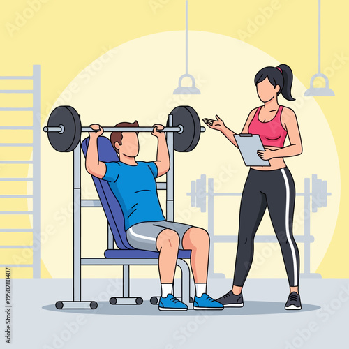Man lifting weights with personal trainer in gym