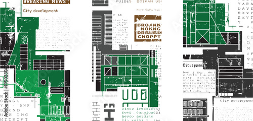 Textured collage of newsprint fragments and abstract geometric shapes in green black and white background