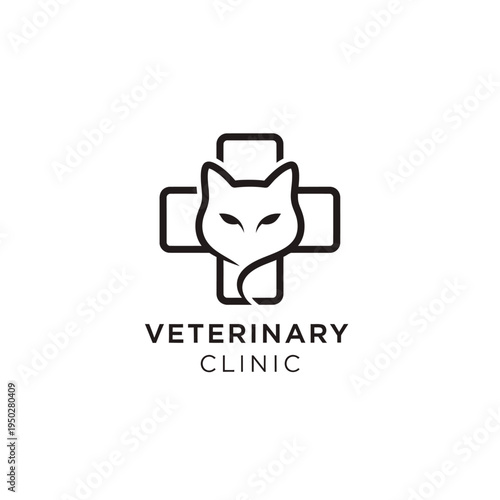 Modern veterinary clinic logo design with stylized cat silhouette and medical cross icon