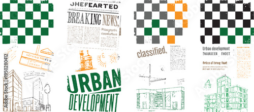 Collage of urban development including checkerboards newsprint and architectural green white