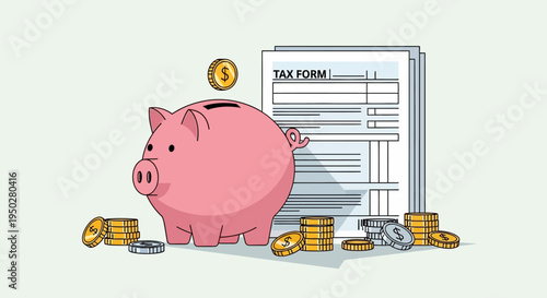 Piggy bank saving coins on tax form on a sunny day
