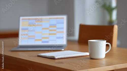 Konzept für die Preisverwaltung von Ferienwohnungen mit Laptop-Kalenderanzeige, Kaffee und Notizbuch für die Geschäftsstrategie