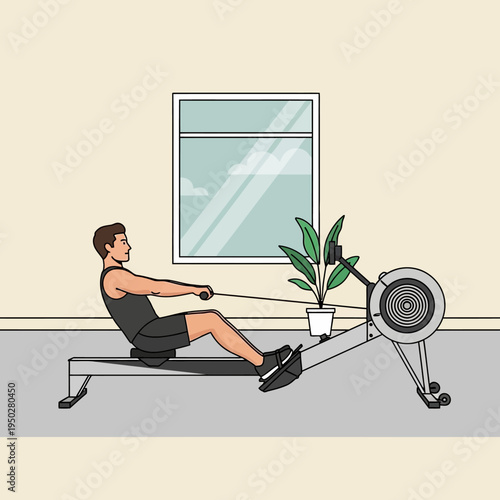 Man Rowing Machine Workout at Home, Indoor Fitness and Healthy Lifestyle