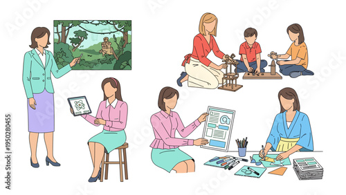 Crafting Education and Skill: A teacher's role in inspiring creativity and cultivating skill, with various examples in the educational landscape. A showcase of a teacher engaging, creating.