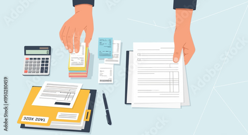 Hands calculating tax on a busy day with documents and calculator