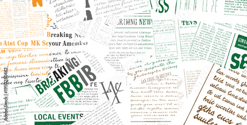 Collage of newspaper clippings and handwritten text in black white orange green and brown