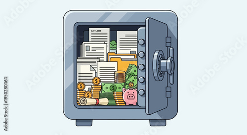 Open safe box on Tax Day with money and documents inside.