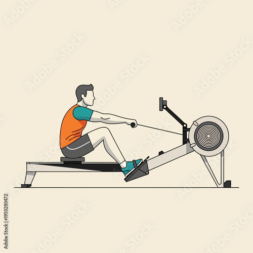 Man Rowing Machine Workout: Fitness, Cardio Exercise, Healthy Lifestyle