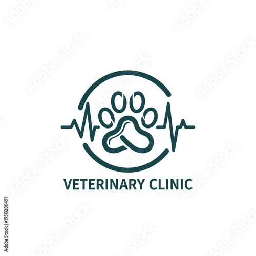 Veterinary clinic logo with animal paw print and heartbeat pulse line medical icon symbol