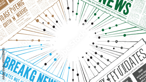Abstract explosion of news headlines and dots radiating from center with blue brown green and black colors