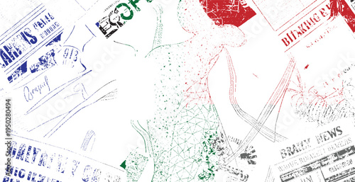 Collage of distressed newspaper clippings in blue red green and grey on white vintage