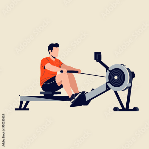 Man rowing machine workout, fitness, healthy lifestyle, gym exercise, cardio training