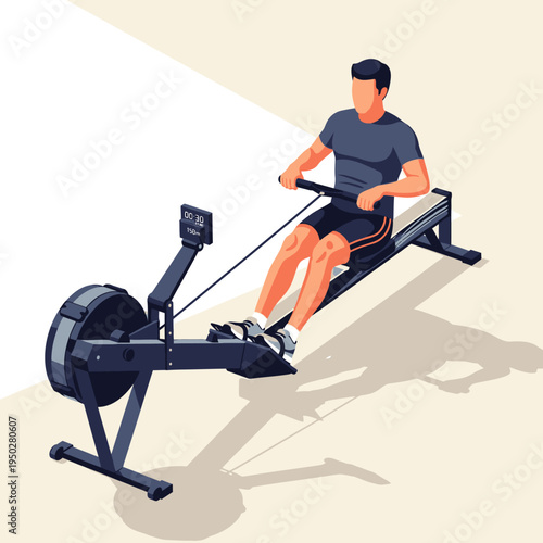Man rowing machine workout, indoor fitness, healthy lifestyle, cardio exercise, gym equipment