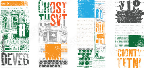 Four panels of distressed featuring architectural text and abstract shapes in green orange gray and blue