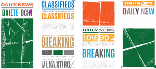 Four distinct newspaper sections with bold headlines and textured backgrounds in various colors including green orange blue and yellow