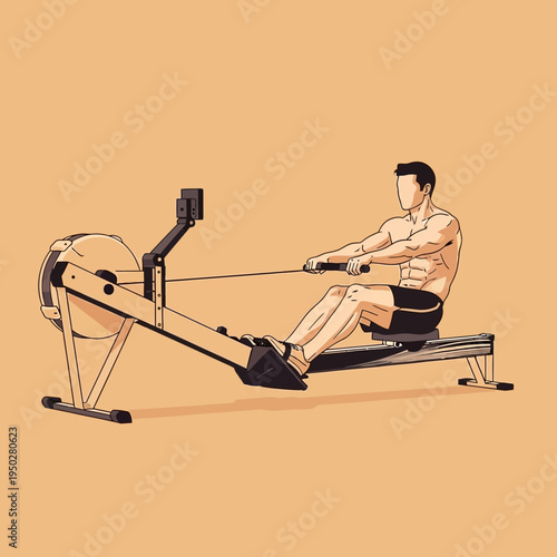 Man rowing on a fitness machine, full body workout, healthy lifestyle, indoor exercise