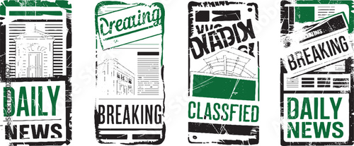 Four distressed newspaper style panels with headlines and of buildings and structures in black green and white