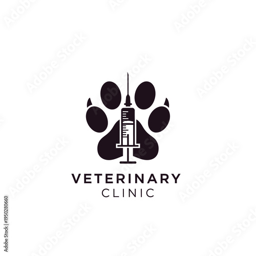 Minimalist veterinary clinic logo with black animal paw and medical syringe symbol design