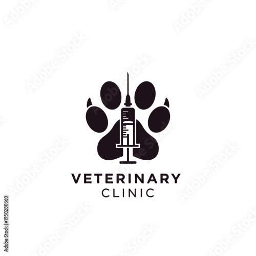 Fototapeta Minimalist veterinary clinic logo with black animal paw and medical syringe symbol design