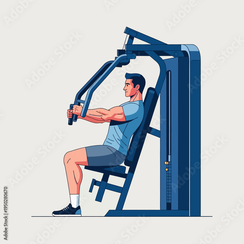 Man exercising chest muscles on a modern blue chest press machine in a gym