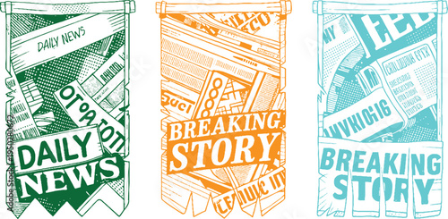 Three vertical banners with news headlines in green orange and blue daily breaking story