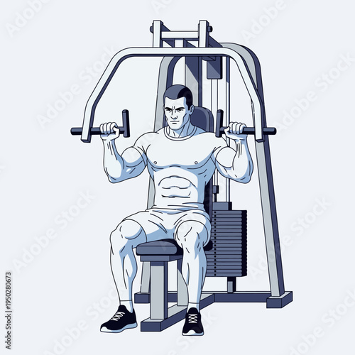 Man doing chest press exercise on gym machine, fitness workout, strength training, healthy lifestyle