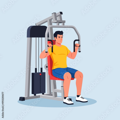 Man exercising chest muscles on a seated chest press machine in a gym