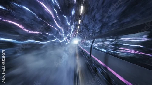 High-Speed Transit through a Futuristic Tunnel with Abstract Lighting and Moving Train