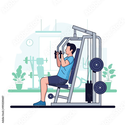 Man exercising chest muscles on a weight machine in a gym, fitness and workout concept