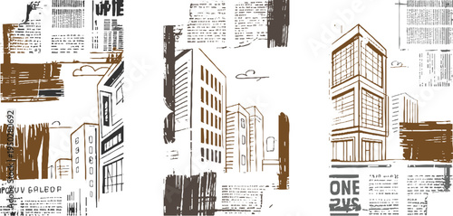 Stylized urban cityscape with abstract newspaper in brown and gray buildings skyscrapers architecture