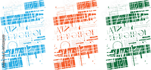 Three panels of distressed abstract in blue orange and green textured grunge pattern