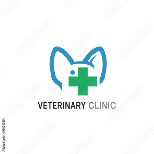 Colorful veterinary clinic logo design with blue cat ears and green medical cross symbol
