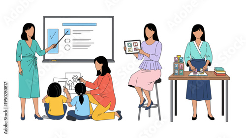 Education: A series of vibrant illustrations showcases the teacher's role in the growth and learning of children, offering insight into their skills and experiences.
