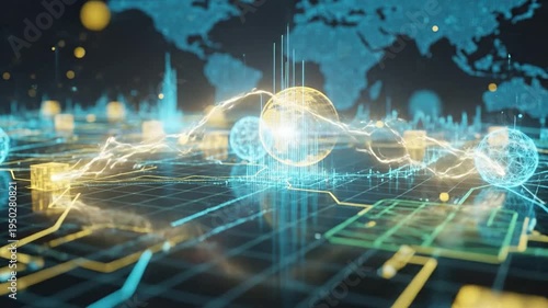 Abstract Digital Network Globe with Data Flow and World Map Background.