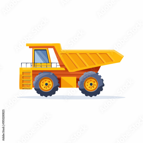 Illustrated yellow dumper truck side view, heavy industrial machinery transportation, flat design