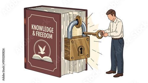 Unlocking Knowledge: A person unlocking a book with the words Knowledge & Freedom engraved on the cover, symbolizing the power of learning and self-discovery.