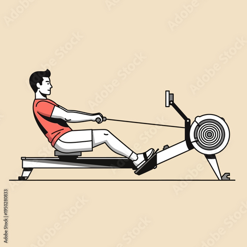 Man exercising on rowing machine, fitness and cardio workout, healthy lifestyle