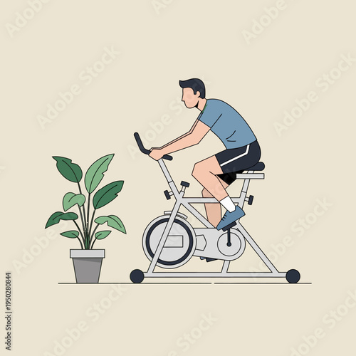 Man exercising on a stationary bike at home, healthy lifestyle, indoor fitness